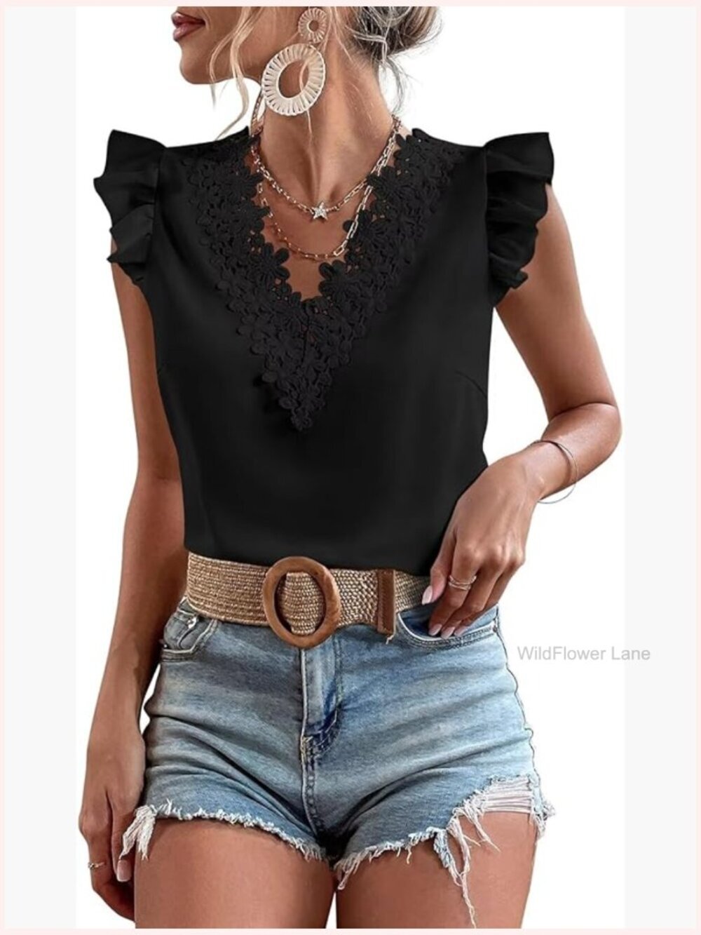 Floral V-Neck Blouse with Ruffled Short Sleeves, Flowy Tunic Top